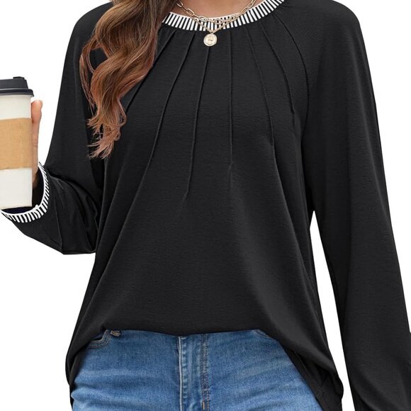 2024 Fall Women's Long Sleeve Color Black Pleated Crew Neck Casual Loose Top - Picture 6 of 6